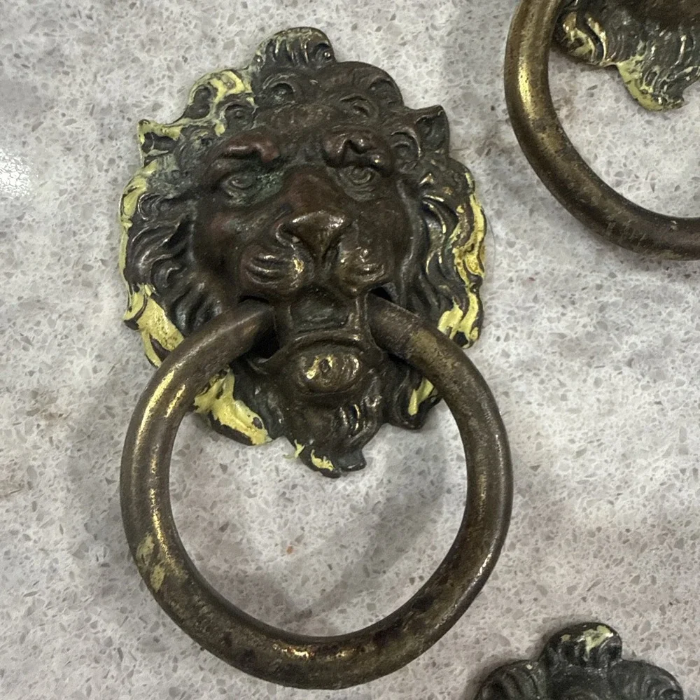 6 Vintage Brass Lion Head Dresser Chest Drawer Knob Cabinet Pull Patina 3D READ